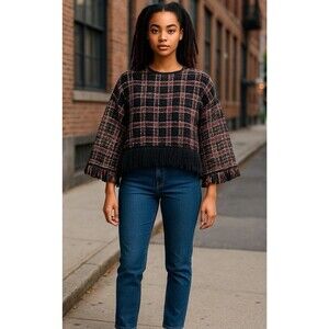 Zara‎ Top Woman's Small Loose Fit Tweed Top Fringe Multi-Color Boho Bell Sleeve